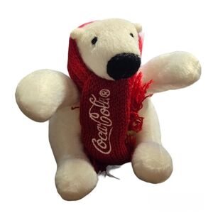 Coca Cola Miniature White Polar Bear Plush Stuffed Animal Red Knit Scarf 4" New